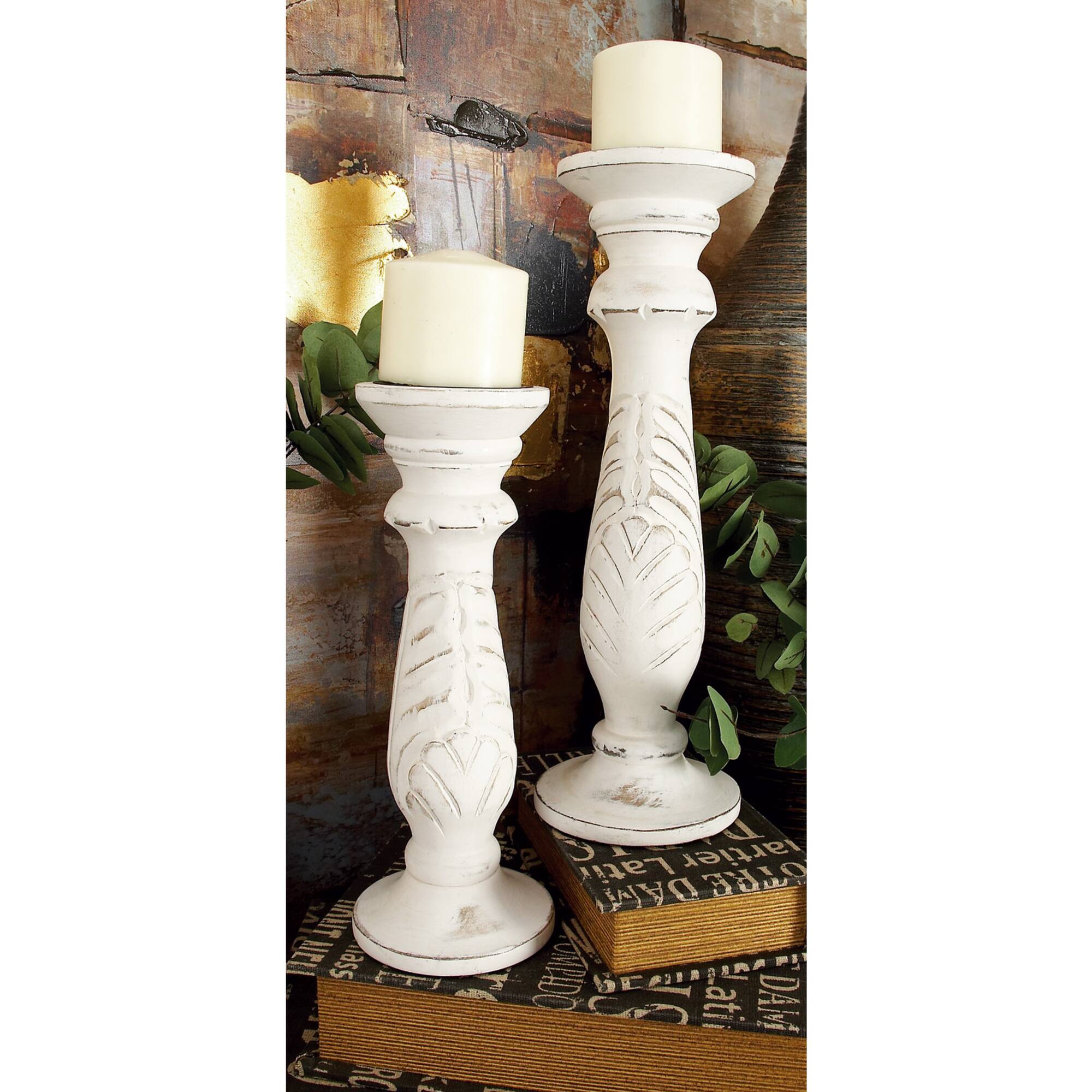 White Mango Wood Traditional Distressed Candle Holder Set